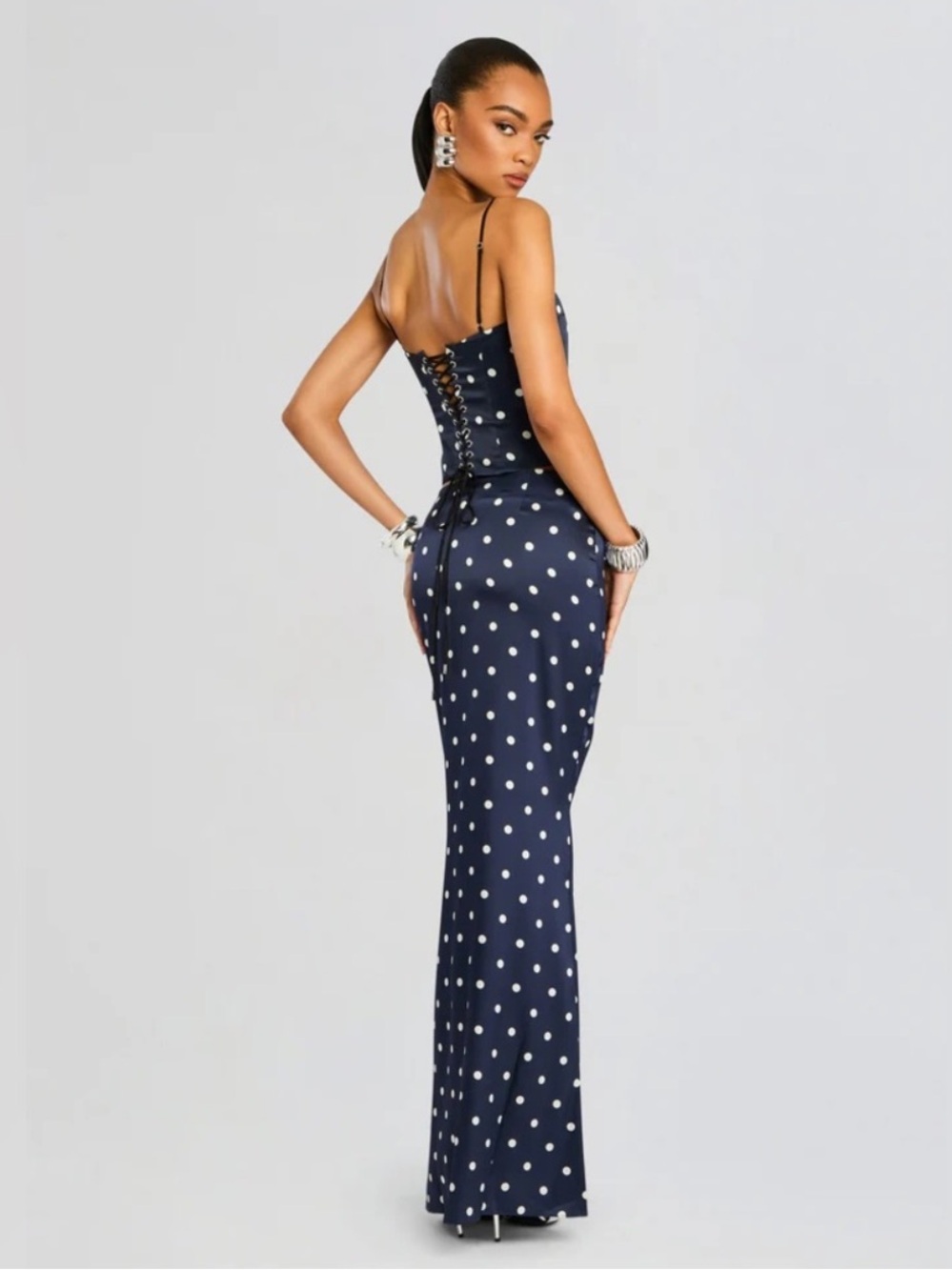 Retrofete Navy & White Polka Dot brookelynn Corset top Maxi Set Darla skirt - Picture 2 of 16